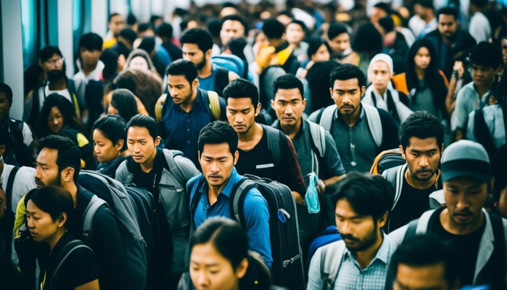 Crowded airport during peak season in Bali